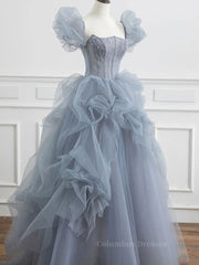 Formal Dresses For Sale, Gray tulle beads long prom dress, gray tulle formal dress