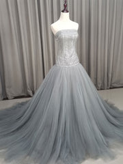 Reception Dress, Gray Tulle Beads Long Prom Dress Gray Tulle Formal Evening Graduation Dresses