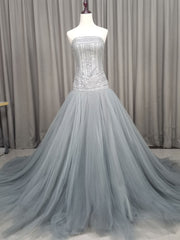 Gown, Gray Tulle Beads Long Prom Dress Gray Tulle Formal Evening Graduation Dresses