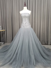 Wedding Guest Outfit, Gray Tulle Beads Long Prom Dress Gray Tulle Formal Evening Graduation Dresses