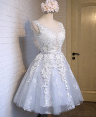 Formal Dresses Cheap, Gray Tulle Lace Applique Short Prom Dress, Gray Homecoming Dresses