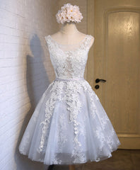 Formal Dresses Short, Gray Tulle Lace Applique Short Prom Dress, Gray Homecoming Dresses