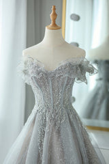 Prom Dress Casual, Gray Tulle Lace Floor Length Evening Dress, Off the Shoulder Prom Dress
