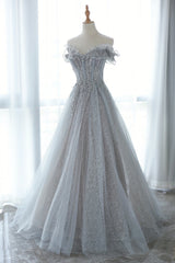Prom Dresses With Long Sleeves, Gray Tulle Lace Floor Length Evening Dress, Off the Shoulder Prom Dress