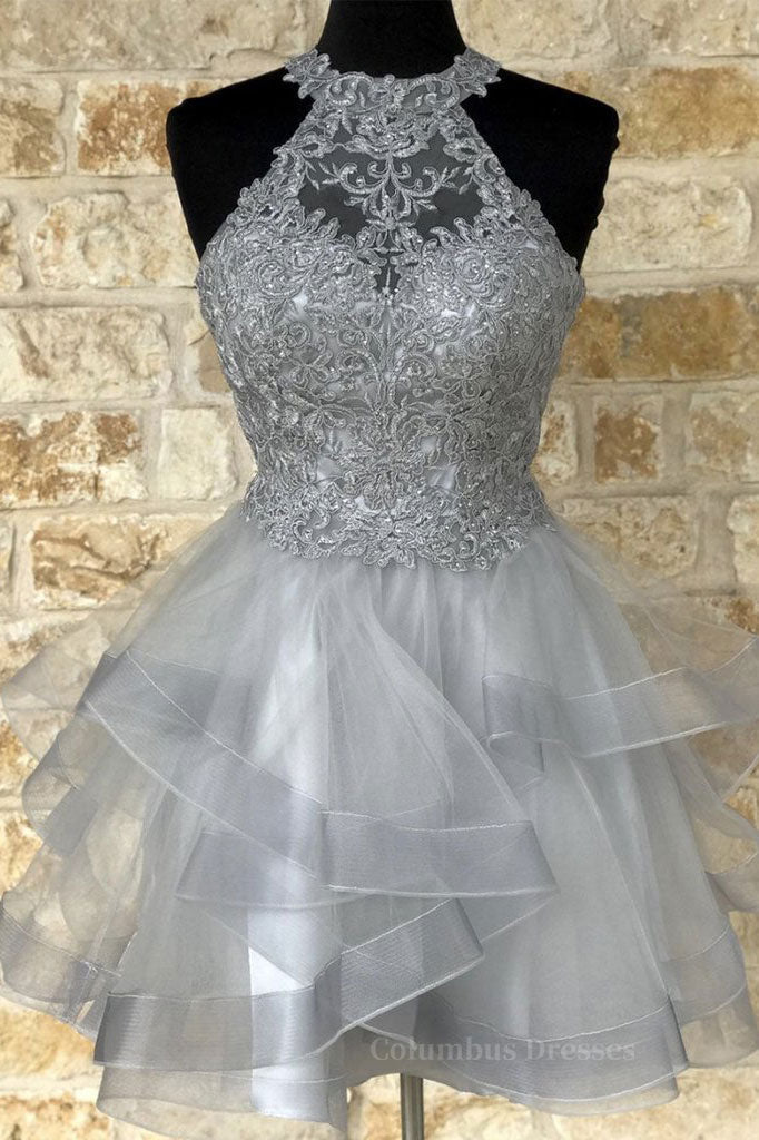 Bridesmaid Dress Affordable, Gray tulle lace high neck short prom dress gray homecoming dress