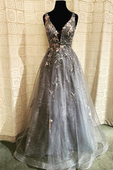 Prom Dresses Inspired, Gray Tulle Lace long A-Line Prom Dress, Gray V-Neck Evening Party Dress