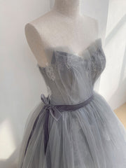 Party Dresses Stores, Gray Tulle Lace Long Prom Dress, Gray Ball Gown Formal Dresses