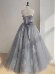 Party Dress Stores, Gray Tulle Lace Long Prom Dress, Gray Ball Gown Formal Dresses