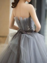 Party Dress Store, Gray Tulle Lace Long Prom Dress, Gray Ball Gown Formal Dresses