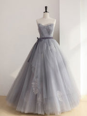 Party Dresses Store, Gray Tulle Lace Long Prom Dress, Gray Ball Gown Formal Dresses