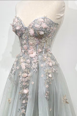 Homecomeing Dresses Blue, Gray Tulle Lace Long Strapless Prom Dress, A-Line Formal Evening Dress