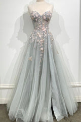 Homecomming Dresses Blue, Gray Tulle Lace Long Strapless Prom Dress, A-Line Formal Evening Dress