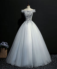 Homecoming Dresses Websites, Gray Tulle Lace Off Shoulder Long Prom Gown Tulle Lace Evening Dress