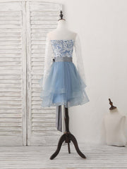 Prom Dresses Brands, Gray Tulle Lace Short Prom Dress, Gray Tulle Prom Dress