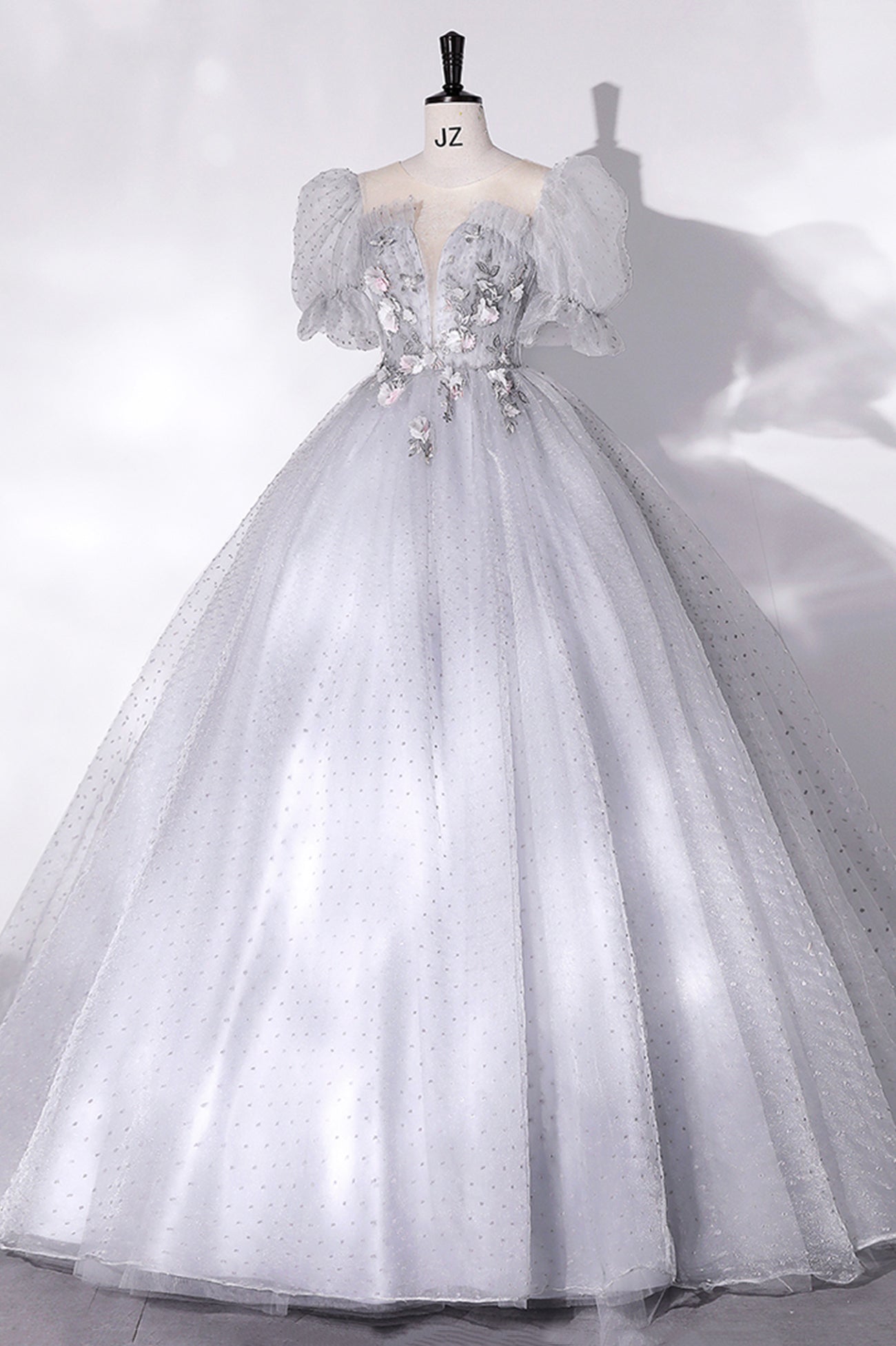 Semi Dress, Gray Tulle Long A-Line Ball Gown, Gray Short Sleeve Evening Gown
