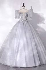 Satin Bridesmaid Dress, Gray Tulle Long A-Line Ball Gown, Gray Short Sleeve Evening Gown