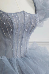 Wedding Theme, Gray Tulle Long A-Line Prom Dress, Gray Short Sleeve Evening Dress