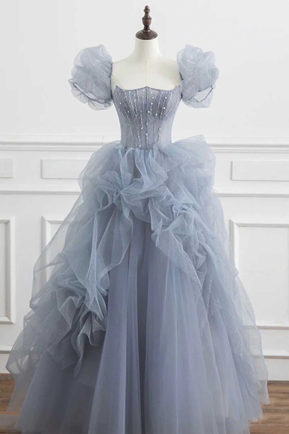 Wedding Flower, Gray Tulle Long A-Line Prom Dress, Gray Short Sleeve Evening Dress