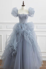 Wedding Flower, Gray Tulle Long A-Line Prom Dress, Gray Short Sleeve Evening Dress
