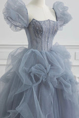 Fall Wedding, Gray Tulle Long A-Line Prom Dress, Gray Short Sleeve Evening Dress