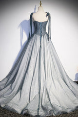 Bridal Bouquet, Gray Tulle Long A-Line Prom Dress with Beaded, Spaghetti Straps Gray Evening Dress