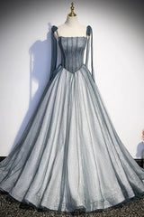 Sage Green Wedding, Gray Tulle Long A-Line Prom Dress with Beaded, Spaghetti Straps Gray Evening Dress