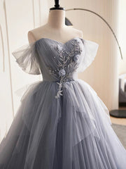 Prom Dresses For 14 Year Olds, Gray Tulle Long Floral Prom Dresses, Gray Tulle Long Lace Formal Evening Dresses