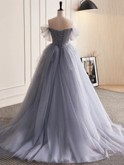 Prom Dresses Sage Green, Gray Tulle Long Floral Prom Dresses, Gray Tulle Long Lace Formal Evening Dresses