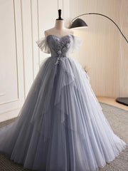 Prom Dress Long Sleeve Ball Gown, Gray Tulle Long Floral Prom Dresses, Gray Tulle Long Lace Formal Evening Dresses
