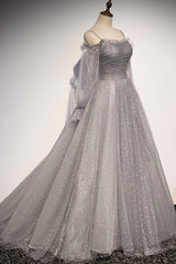 Homecoming Dress Inspo, Gray Tulle Long Sleeve A-Line Prom Dress, Spaghetti Straps Formal Evening Dress