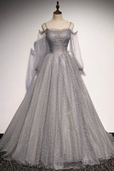 Homecoming Dress Cute, Gray Tulle Long Sleeve A-Line Prom Dress, Spaghetti Straps Formal Evening Dress