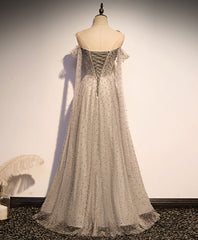 Formal Dresses Truworths, Gray Tulle One Shoulder Long Prom Dress, Gray Formal Graduation Dresses with Beading