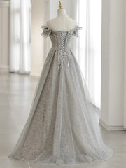Party Dress Names, Gray Tulle Sequin Lace Off Shoulder Long Prom Dress, Gray Evening Dress
