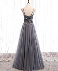 Formal Dress Classy Elegant, Gray Tulle Sequin Long Prom Dress, Gray Tulle Formal Dress with Beading Sequin