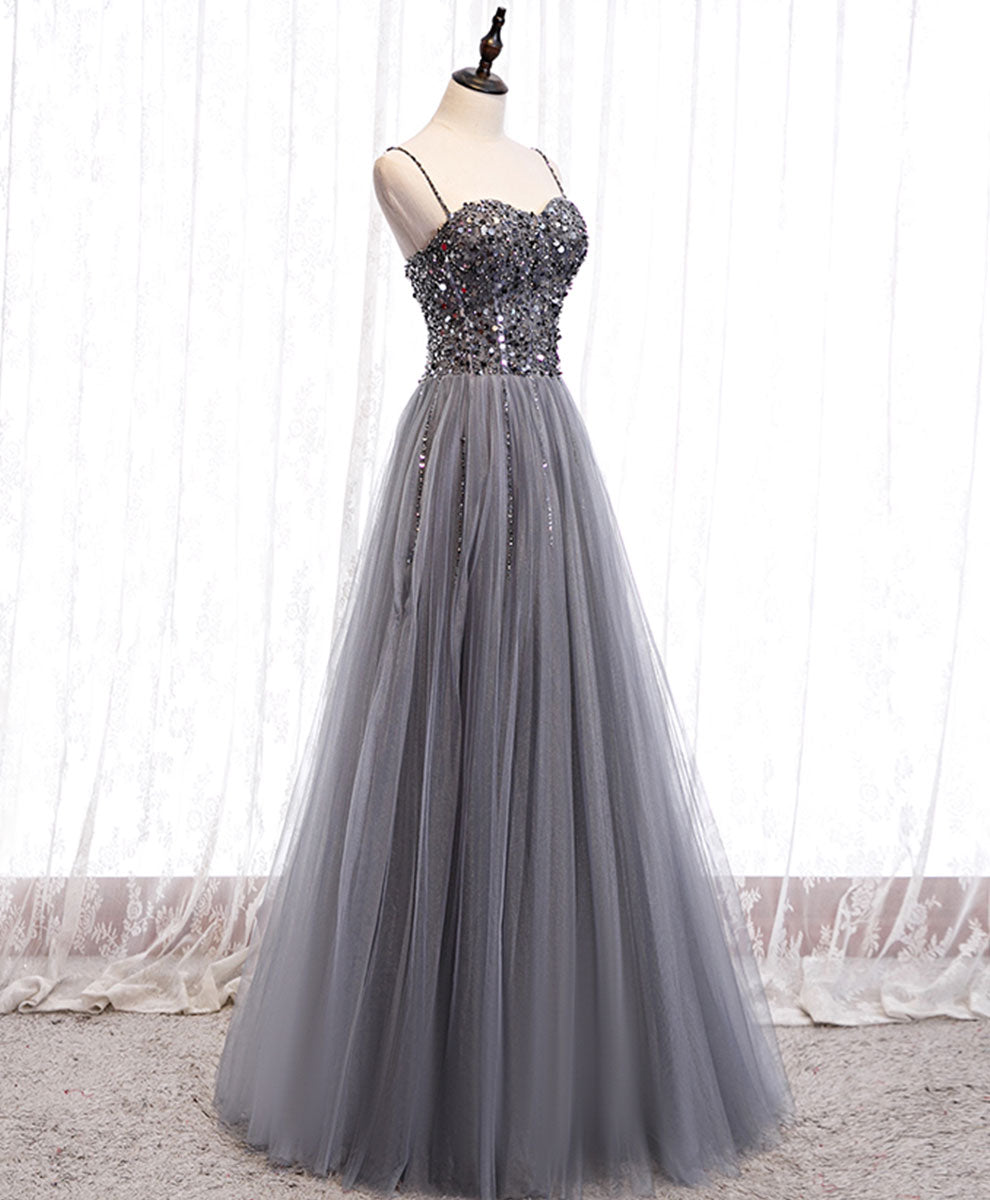 Formal Dress Lace, Gray Tulle Sequin Long Prom Dress, Gray Tulle Formal Dress with Beading Sequin