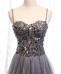 Formal Dresses Ballgown, Gray Tulle Sequin Long Prom Dress, Gray Tulle Formal Dress with Beading Sequin