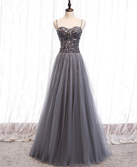 Formal Dresses Classy Elegant, Gray Tulle Sequin Long Prom Dress, Gray Tulle Formal Dress with Beading Sequin