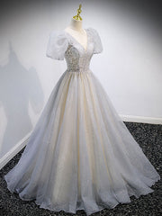 Party Dress Shops Near Me, Gray Tulle Sequin Long Prom Dress, Gray Tulle Formal Graduation Dresses