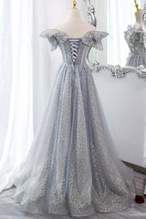 Prom Dress 2023, Gray Tulle Sequins Long A-Line Prom Dress, Off the Shoulder Graduation Dress