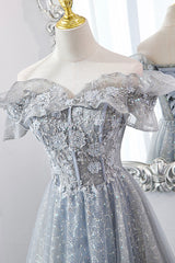 Prom Dress Fabric, Gray Tulle Sequins Long A-Line Prom Dress, Off the Shoulder Graduation Dress