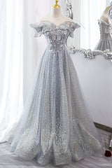 Prom Dress Boutiques Near Me, Gray Tulle Sequins Long A-Line Prom Dress, Off the Shoulder Graduation Dress