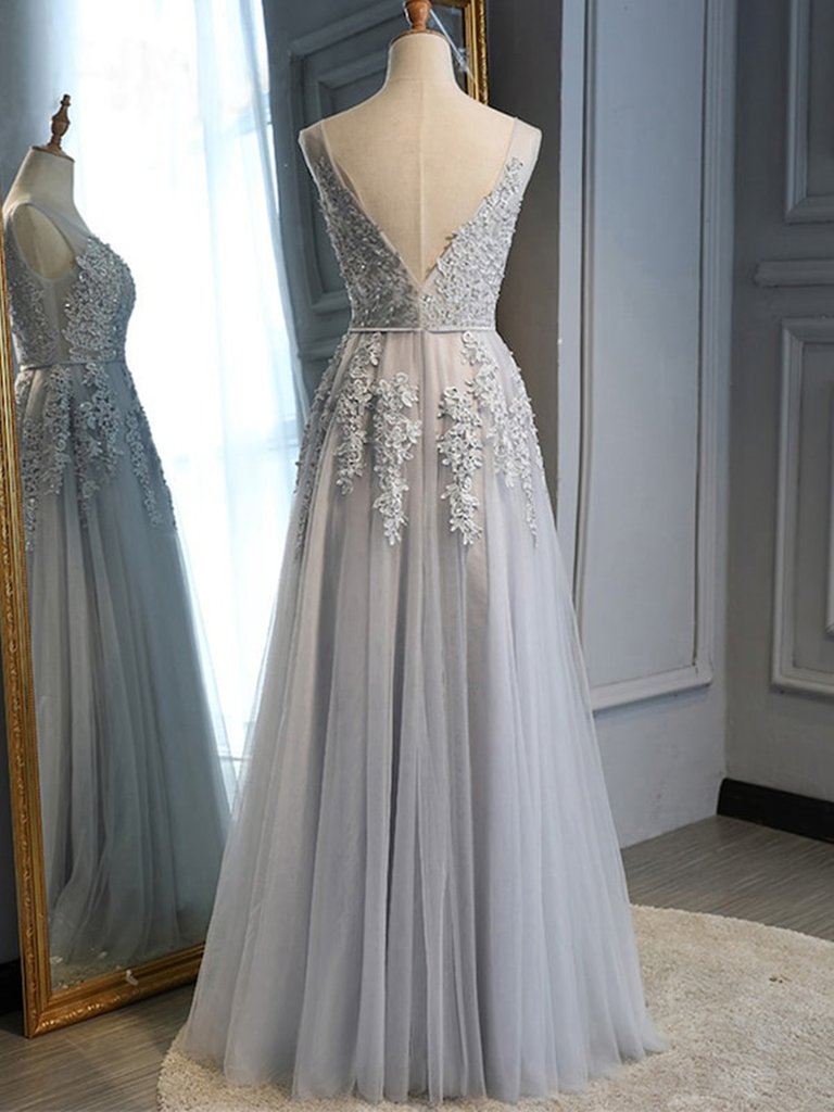 Bridesmaid Dresses Winter, Gray Tulle with Lace Long Prom Dresses, A-line Floor Length Gray Evening Dresses, Gray Bridesmaid Dresses
