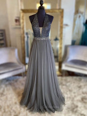 Prom Dresses Elegent, Gray v neck tulle beads long prom dress, gray tulle formal dress