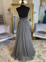 Prom Dress Shopping Near Me, Gray v neck tulle beads long prom dress, gray tulle formal dress