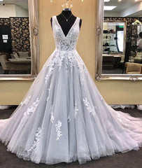 Bridesmaids Dresses Lavender, Gray v neck tulle lace applique long prom dress, gray evening dress