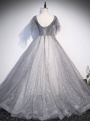 Party Dress Christmas, Gray V Neck Tulle Long Prom Dress, Gray Tulle Sequin Evening Dress