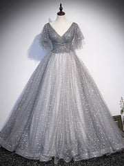 Party Dresses For 18 Year Olds, Gray V Neck Tulle Long Prom Dress, Gray Tulle Sequin Evening Dress