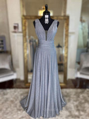 Prom Dresses Brands, Gray v neck tulle sequin long prom dress, gray evening dress