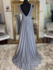 Prom Dresses Brand, Gray v neck tulle sequin long prom dress, gray evening dress