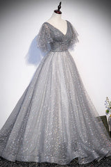 Prom Dress Long With Slit, Gray V-Neck Tulle Sequins Long Prom Dress, A-Line Short Sleeve Evening Dress